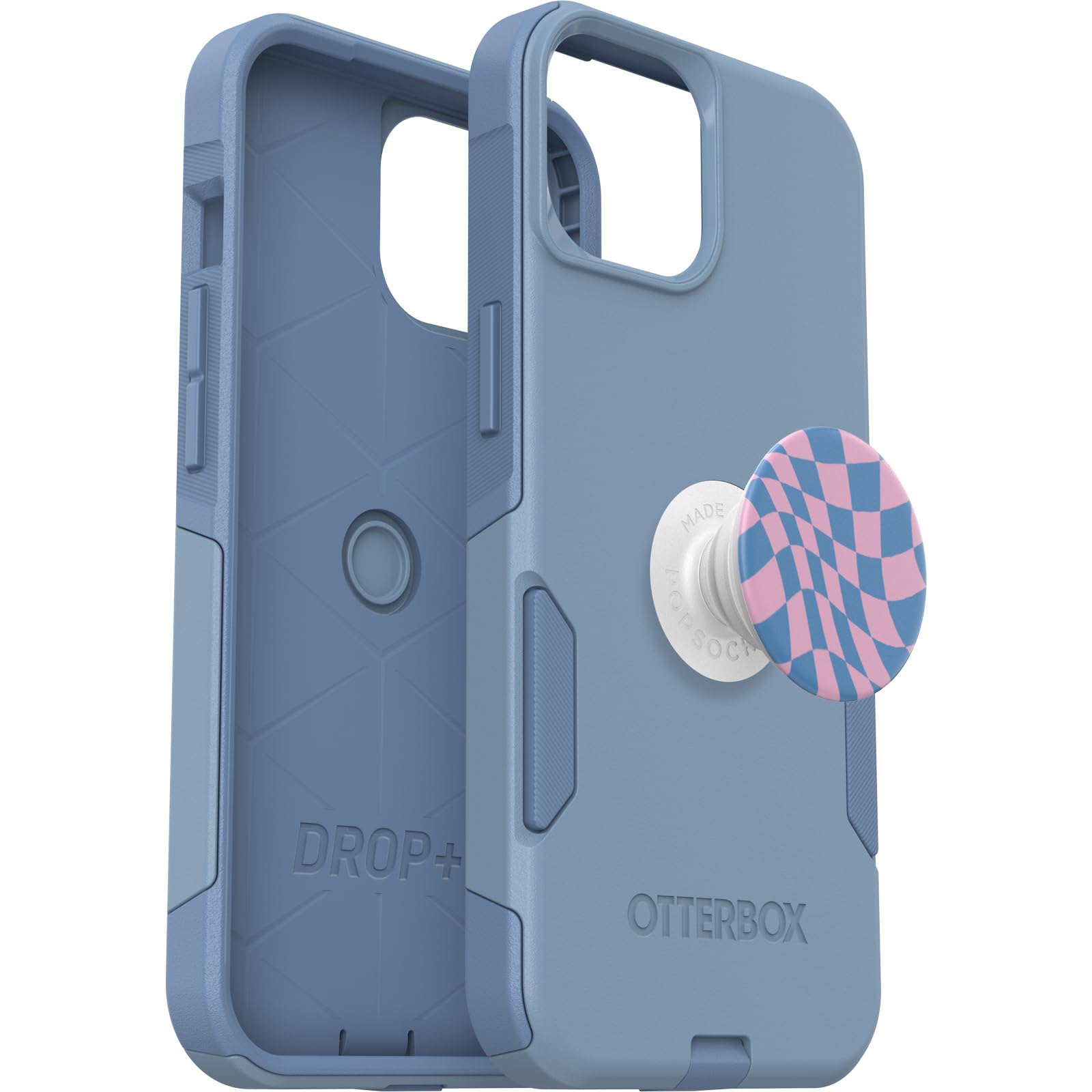 Bundle: OtterBox iPhone 15, iPhone 14, and iPhone 13 Commuter Series Case - (CRISP DENIM) + PopSockets PopGrip - (WAVY CHECKER), slim & tough, pocket-friendly, with port protection, PopGrip included