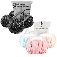 Bath Loofahs Sponge Natural4 Pack (Black) & Shower Cap 4pack (Pink Blue Yellow Gray) for Men and Women
