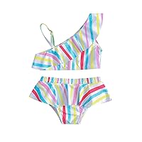 2 PCS Girl's Swimwear Striped Rainbow Swimming Suits Slip One Shoulder Beachwear Soft Bathing Suits Beach