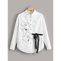 Women's Shirts Sexy for Women Figure Graphic Knot Front Curved Hem Blouse Shirts for Women (Color : White, Size : Small)