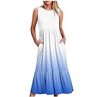 Black of Friday Deals Women Sleeveless T-Shirt Dress with Pockets Loose Fitting Casual Long Dresses Tiered Ruffle Swing Tank Maxi Dress Dating Dresses Women