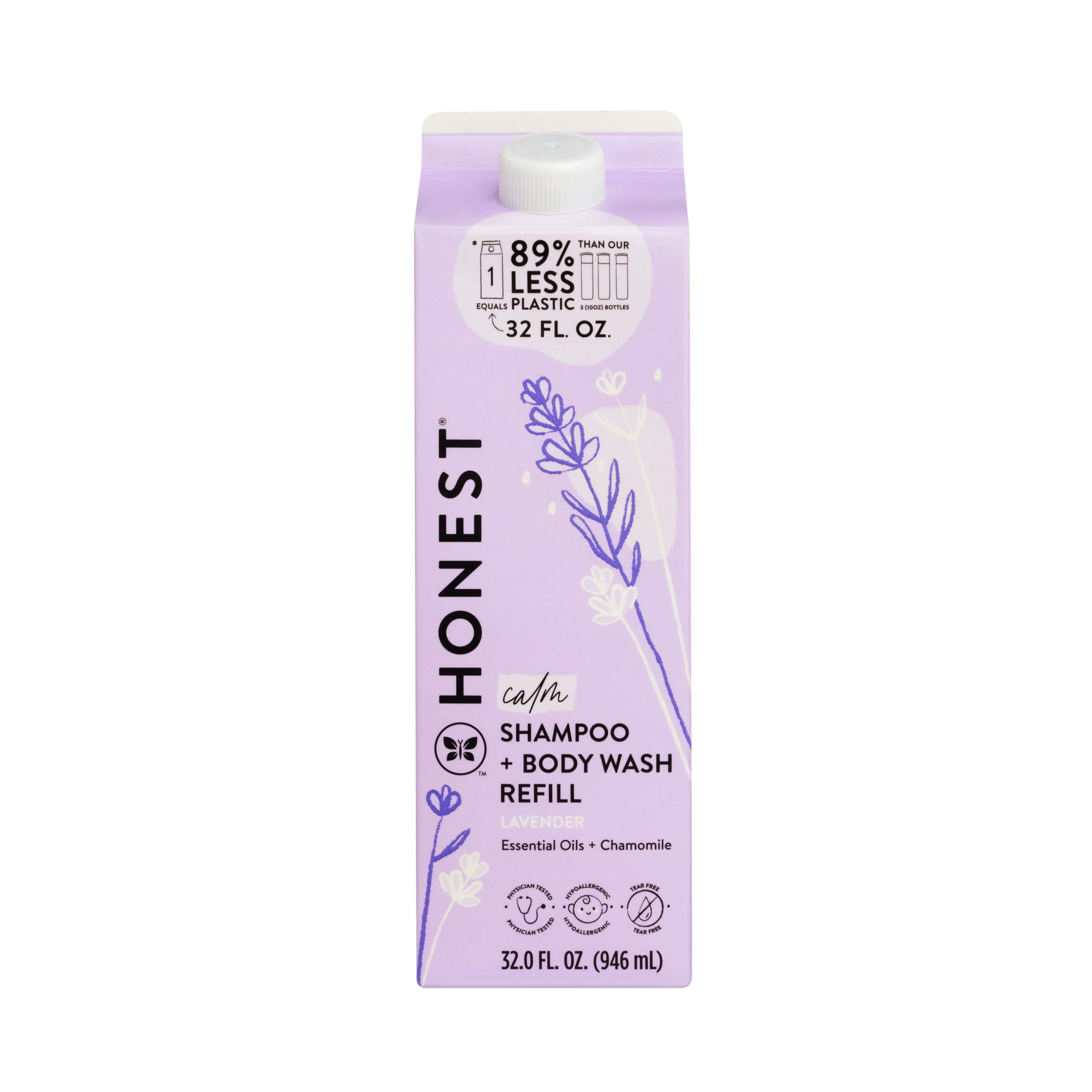 The Honest Company 2-in-1 Cleansing Shampoo + Body Wash Refill Carton | Gentle for Baby | Naturally Derived, Tear-free, Hypoallergenic | Lavender Calm, 32 fl oz