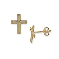 JewelryWeb 14K Yellow Gold Cross Earrings - Beveled Faith Stud Earrings - Cross Earrings for Women and Girls - Catholic Jewelry - Religious Earrings