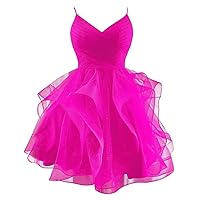 Glitter Tulle Short Prom Dress Spaghetti Straps V Neck Tiered Homecoming Dresses for Teens 2024 Sparkly Cocktail Gown