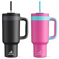 40 oz Tumbler with Handle 2 Pack, 2-in-1 Straw & Sip Lid, Leakproof, Dishwasher Safe, Insulated Stainless Steel Coffee Mug, Keeps Cold for 34 Hours, Fits in Car Cup Holder(Might & Barbie)