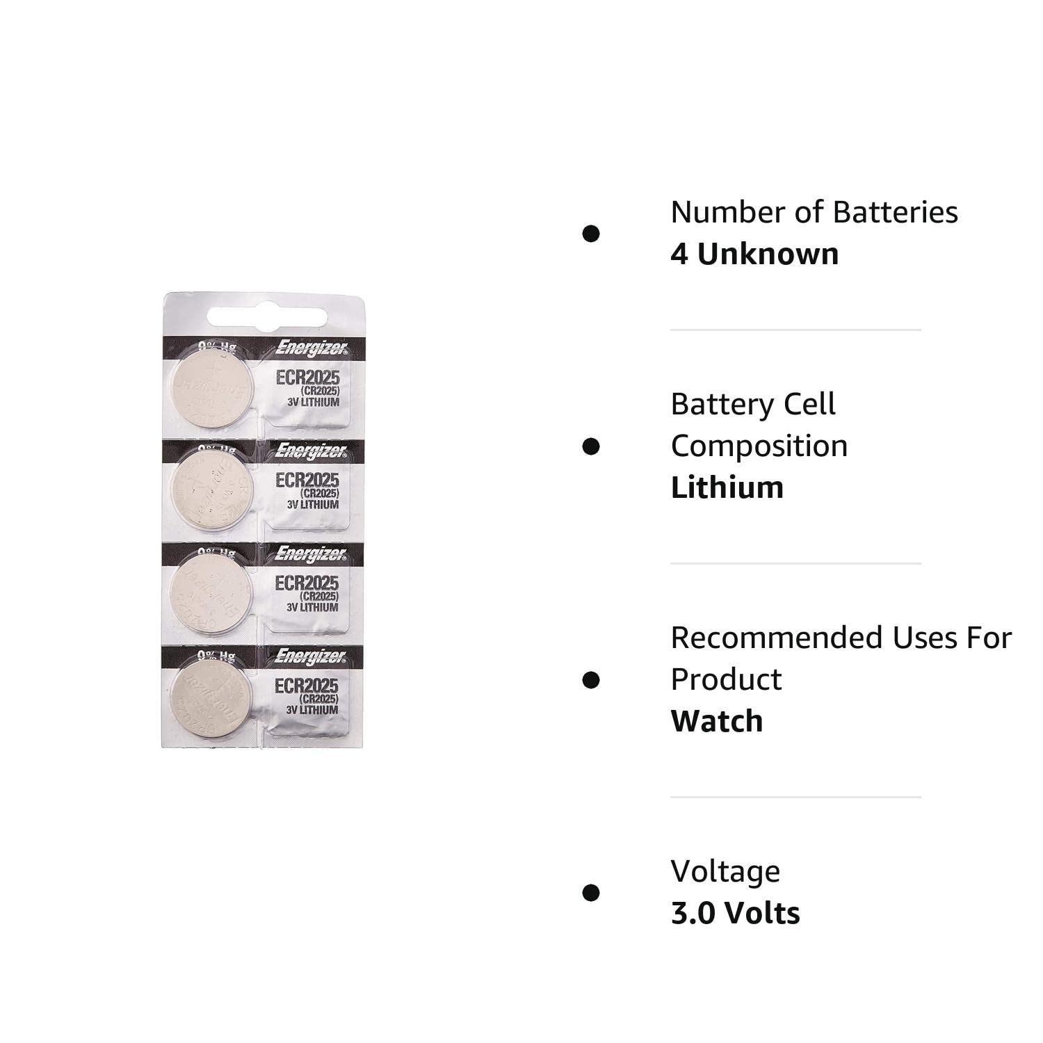 [ Pack of 4 ] Energizer Cr2025 3v Lithium Coin Cell Battery Dl2025 Ecr2025 CR 2025