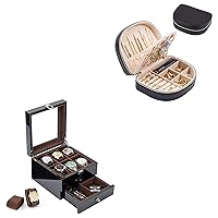 Travel Size Jewelry Box Bundle with 2-Tier Lacquered Display Case for Wristwatch