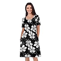 Women's Short Sleeve Empire Knee Length Dress with Pockets Wht/Blk Floral