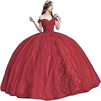 Women's Off Shoulder Flower Quinceanera Dresses Glitter Tulle Sweet 16 Prom Dress Ball Gown