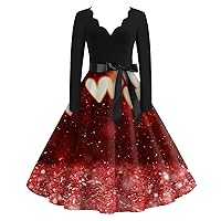 Valentine's Day Dress for Women A Line Heart Print Patchwork Elegant with Waistband Long Sleeve V Neck Dresses