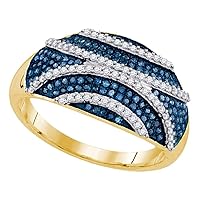 TheDiamondDeal 10kt Yellow Gold Womens Round Blue Color Enhanced Diamond Striped Fashion Ring 1/2 Cttw