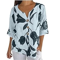 3/4 Sleeve Vintage Linen Shirts Women Floral Print Button Trim V Neck Tee Blouses Summer Casual Loose Fit Tunic Tops
