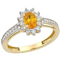 PIERA 10K Yellow Gold Natural Citrine Flower Halo Ring Oval 6x4 mm Diamond Accents, sizes 5-10