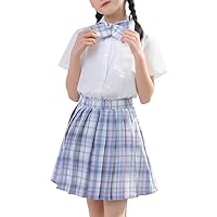 TiaoBug Girls JK Uniform Skirt Set Japanese Anime Cosplay Outfit Short Sleeves Bow Tie Shirts and Plaid Pleated Skirts