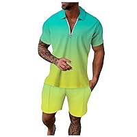 Hawaiian Gradient Graphic Shirt and Shorts Set Summer Beach Quarter-Zip Lapel T-Shirt Stretch Comfortable Outfits