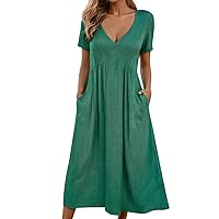 Womens Linen Short Sleeve V Neck Flowy Midi Dress Fashion Summer Casual Loose A Line Beach Long Dresses with Pockets