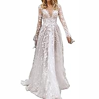 Wedding Guest Dress for Women Lace V-Neck Long Sleeve Evening Prom Gowns Floor Length Bridesmaid Dresses Maxi Dress