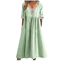 Women's Summer Tunic Dress V Neck Casual Cotton Linen Loose Midi Dresses Boho Solid Flowy Beach Dresses with Pocket