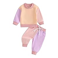 Toddler Boy Girl Fall Clothes Contrast Color Patchwork Long Sleeve Sweatshirt Solid Color Pants Set 2Pcs Outfit