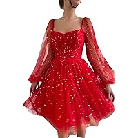 Women's Sparkle Starry Tulle Homecoming Dresses Puffy Sleeve Short Prom Dresses Party Gowns for Teens