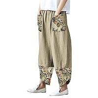Women's Patchwork Linen Wide Leg Pants Elastic Waist Casual Capri Harem Trousers Loose Tapered Lounge Baggy Pant