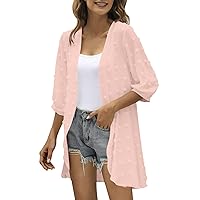 Summer Cardigans for Women Lightweight Solid Color Open Front Cover Up 3/4 Sleeves Casual Loose Chiffon Casual Blouse Tops