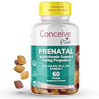 Conceive Plus Prenatal Gummies - DHA, Folic Acid, Vitamin D3, C, Zinc, and Omega 3, Natural Lemon + Raspberry Flavor, 60 Count, 30 Day Supply