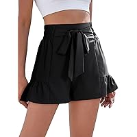 Dokotoo Womens Summer Casual Shorts High Waisted Tie Knot Front Ruffle Hem Wide Leg Flowy Shorts for Women Trendy