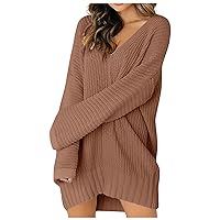 Women Fashion Casual Solid Color Solid Color Loose V-Neck Stitching Long-Sleeved Knitted Dress