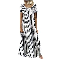 Womens Short Sleeve Maxi Dress Plain Design Print Summer Casual Crewnecck Long Sundresses