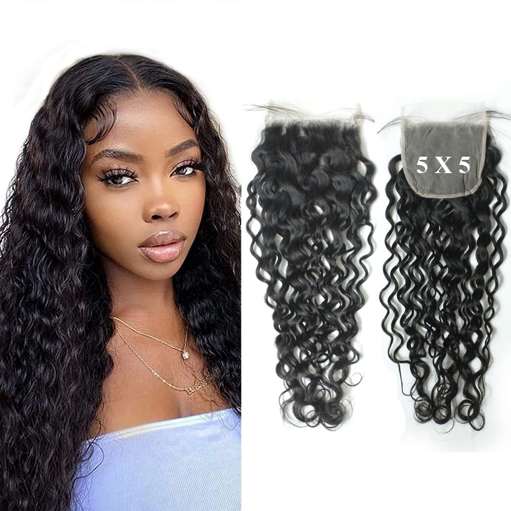 Forawme Pre Plucked Top Closure For Women 1B 5X5 14 Inch Braziian Water Wave Human Hair Transparent Lace Closure Soft Virgin Hair Pieces