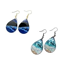 Blue Earrings for Women with Gold Black Dangle Printed MDF Wood Teardrop Double Side Print Handmade by The Painted Pug (Blue & Gold Large) (2 Pairs: Blue/Gold & Beach Large)