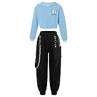 iiniim Girls 2 Pieces Hoodie Sweatshirt Cropped Shirt Sweatpants Hip Hop Dance Outfit Casual Tracksuit Set