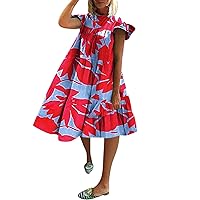 Women's Bohemian Round Neck Trendy Casual Summer Short Sleeve Knee Length Flowy Foral Print Hawai Swing Dress Beach