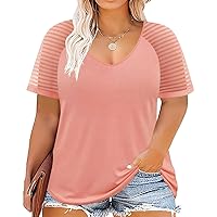 TIYOMI Plus Size Tops for Women Short Sleeve Color Block Raglan Sexy V Neck Shirts Tunic Spring Summer XL-5XL 14W-28W