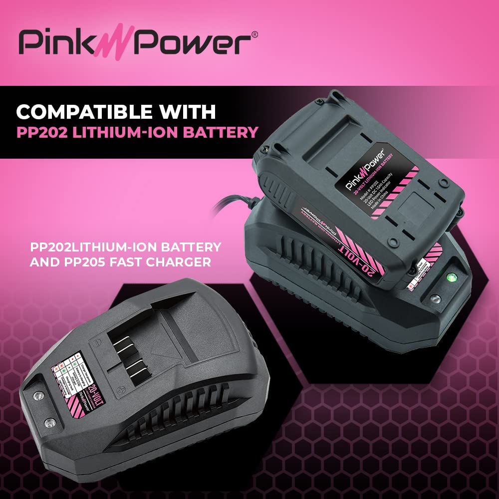 Pink Power PP205 20V Lithium Ion Charger for PP202 Battery - Works with PP203 Pink Drill Kit, PP201 Cordless Stick Vacuum Cleaner and PP204 Cordless Electric Detail Sander
