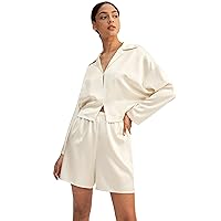 LilySilk Silk Pajama Set for Women 22 Momme Minimalist Cropped Sleepwear Top & Matching Shorts Pants 2PC Loungewear PJ Set