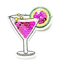 Nipitshop Patches Pink Glass Cocktail with Sequins Patch Flute Wine Cocktail Cartoon Embroidered Patches for Men Women Boys Girls Kids