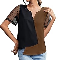 Women's Colorblock Mesh Short Sleeve Tops Elagent V Neck Asymmetrical Hem Tee Shirts Casual Stitching Pullover for Women