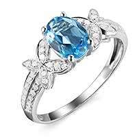 Elegant Genuine Natural London Topaz Gemstone Prong Diamond Wedding Engagement Promise for Women Ring Set