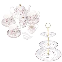 fanquare Floral Porcelain Tea Set for 6, Pink Rose 3 Tier Porcelain Cupcake Stand, Complementary China Tea Party Set for Birthday