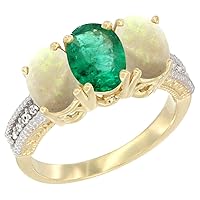 14K Yellow Gold Diamond Natural Emerald & Opal Ring 3-Stone 7x5 mm Oval, Sizes 5-10