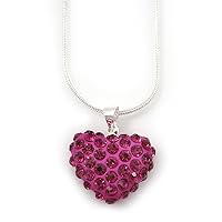 Magenta Crystal 3D Heart Pendant On Silver Tone Snake Style Chain - 40cm Length/ 4cm Extention