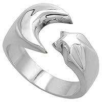 Sterling Silver Crescent Moon & Star Ring Handmade 1/2 inch Wide