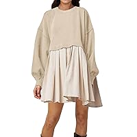 PICPUNMAK Women Oversized Long Sleeve Sweatshirt Dress Patchwork Crewneck Pullover Loose Flowy Pleated Mini Dress Tops