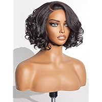 Short Curly Wavy Human Hair Lace Front Wigs 150% Density 13X4 Lace Front Wigs Human Hair Pre Plucked Bleched Knots Roll Curly Side Part Bob Wig Glueless Brazilian Hair For Black Woman 10Inch