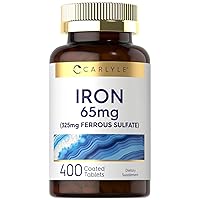 Carlyle Iron Ferrous Sulfate 65 mg | 400 Tablets | Non-GMO, Gluten Free, and Vegetarian Supplement | High Potency