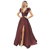 Women's V Neck Sequin Prom Dresses 2024 Feather Sequin Ball Gowns Off Shoulder Formal Wedding Dresses with Slit