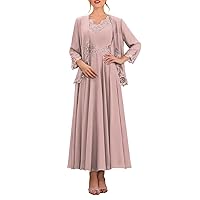 Sparkly Beaded Lace 2 Piece Mother of The Bride Dresses with Jacket 3/4 Sleeve Formal Evening Gown with Pockets