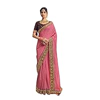 Baby Pink Party wear Indian Women Heavy Vichitra Saree Designer Brown Blouse Embroidered Border Cocktail Sari 2121
